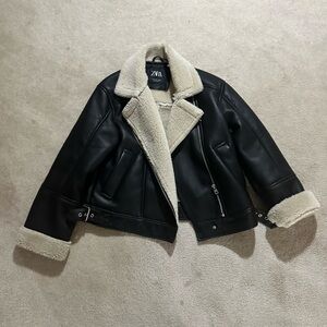 Zara Girls Size 11-12 Black Jacket with Cream Shearling Trim